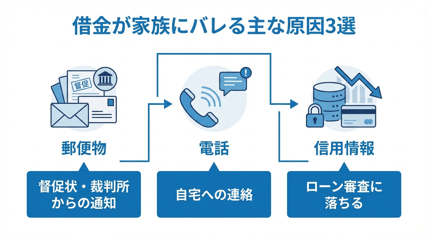借金が家族にバレる3つの主な原因（郵便物、電話、信用情報）を説明する図解。