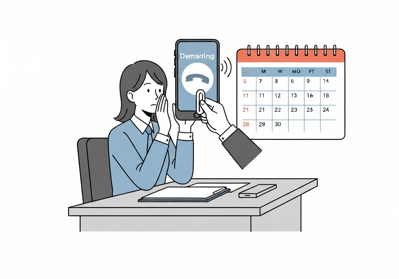 任意整理を専門家に依頼し、貸金業者からの督促が止まって安心している様子のイラスト