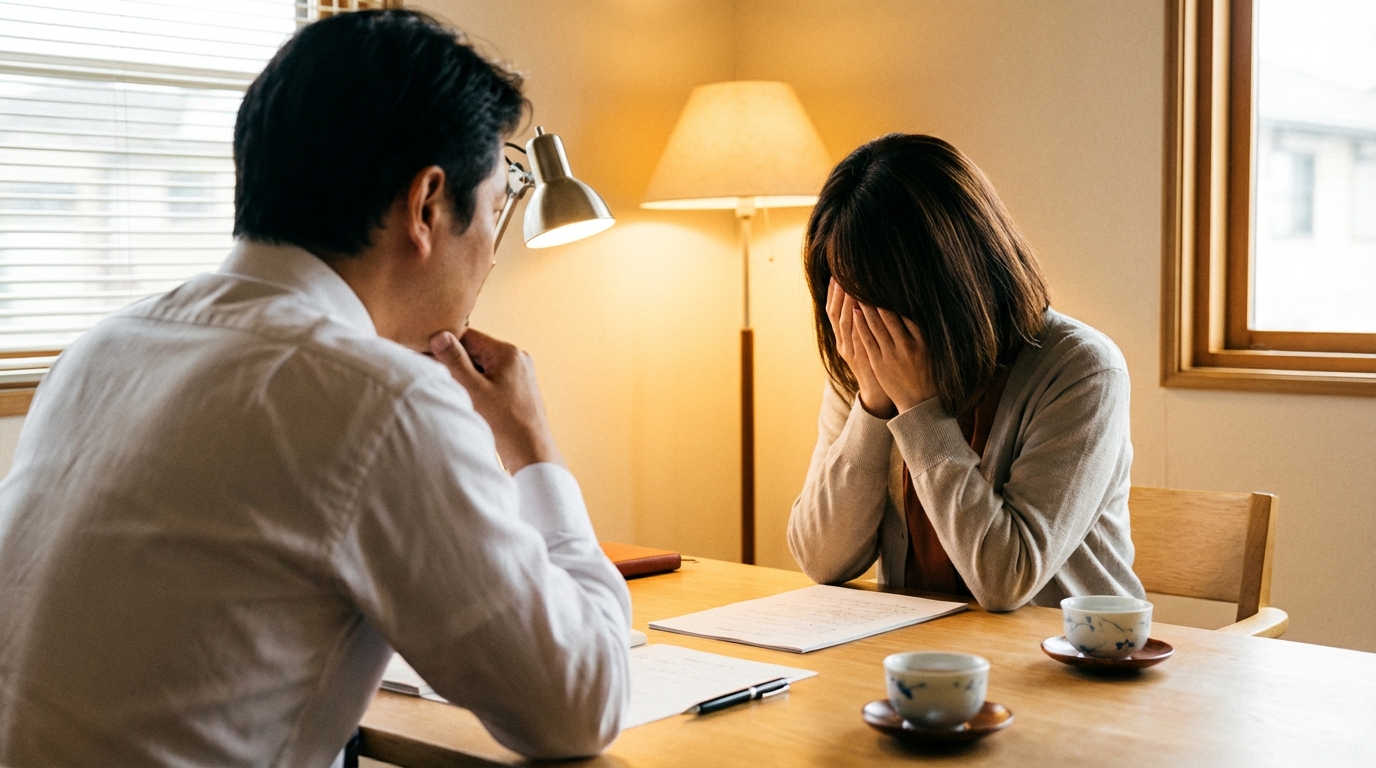 司法書士事務所で、専門家が依頼者の相談に親身に耳を傾けている様子。