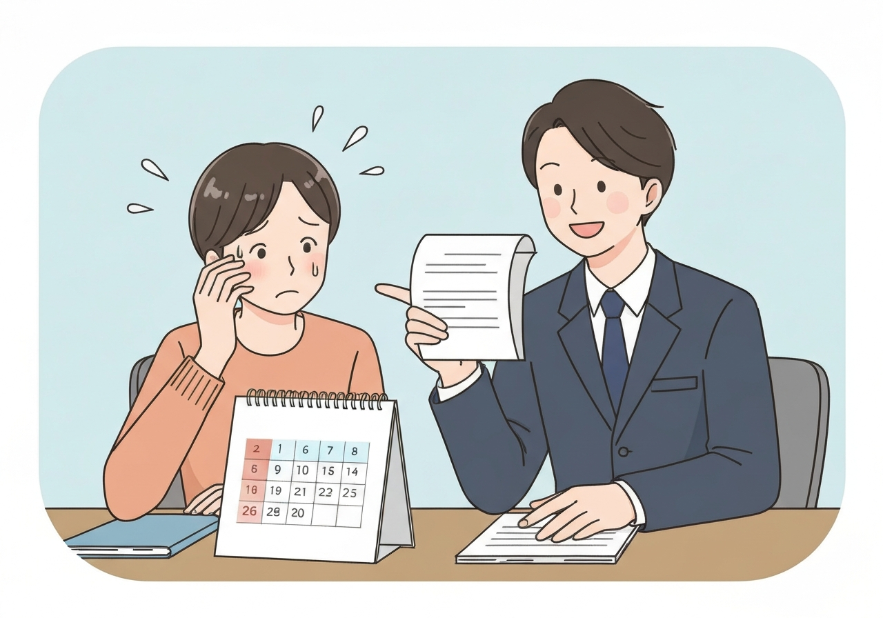 任意整理の和解後に返済が困難になり、司法書士に相談して解決策を見出している様子のイラスト