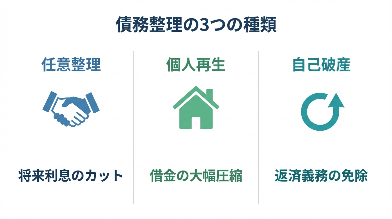 債務整理の3つの手続き(任意整理・個人再生・自己破産)の主な特徴を比較した図解。