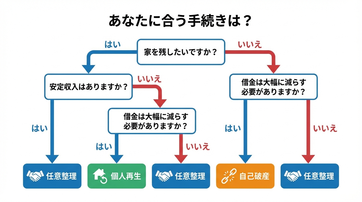 借金の状況や希望に応じて最適な債務整理手続きがわかるフローチャート形式の診断ガイド。