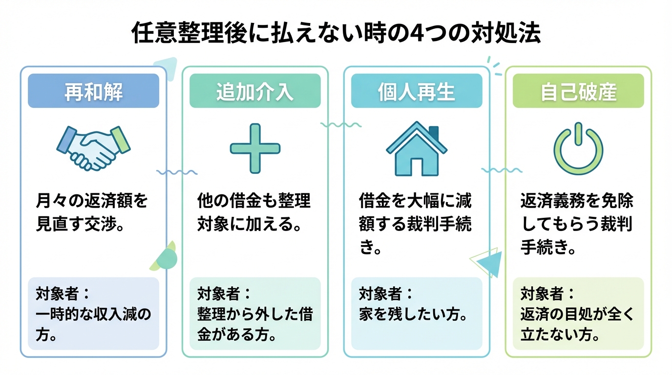 任意整理後に支払いが困難になった場合の4つの対処法（再和解、追加介入、個人再生、自己破産）の概要と対象者をまとめた図解