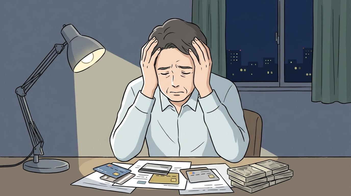 任意整理を検討し、多くの請求書を前に頭を抱えている男性のイラスト。