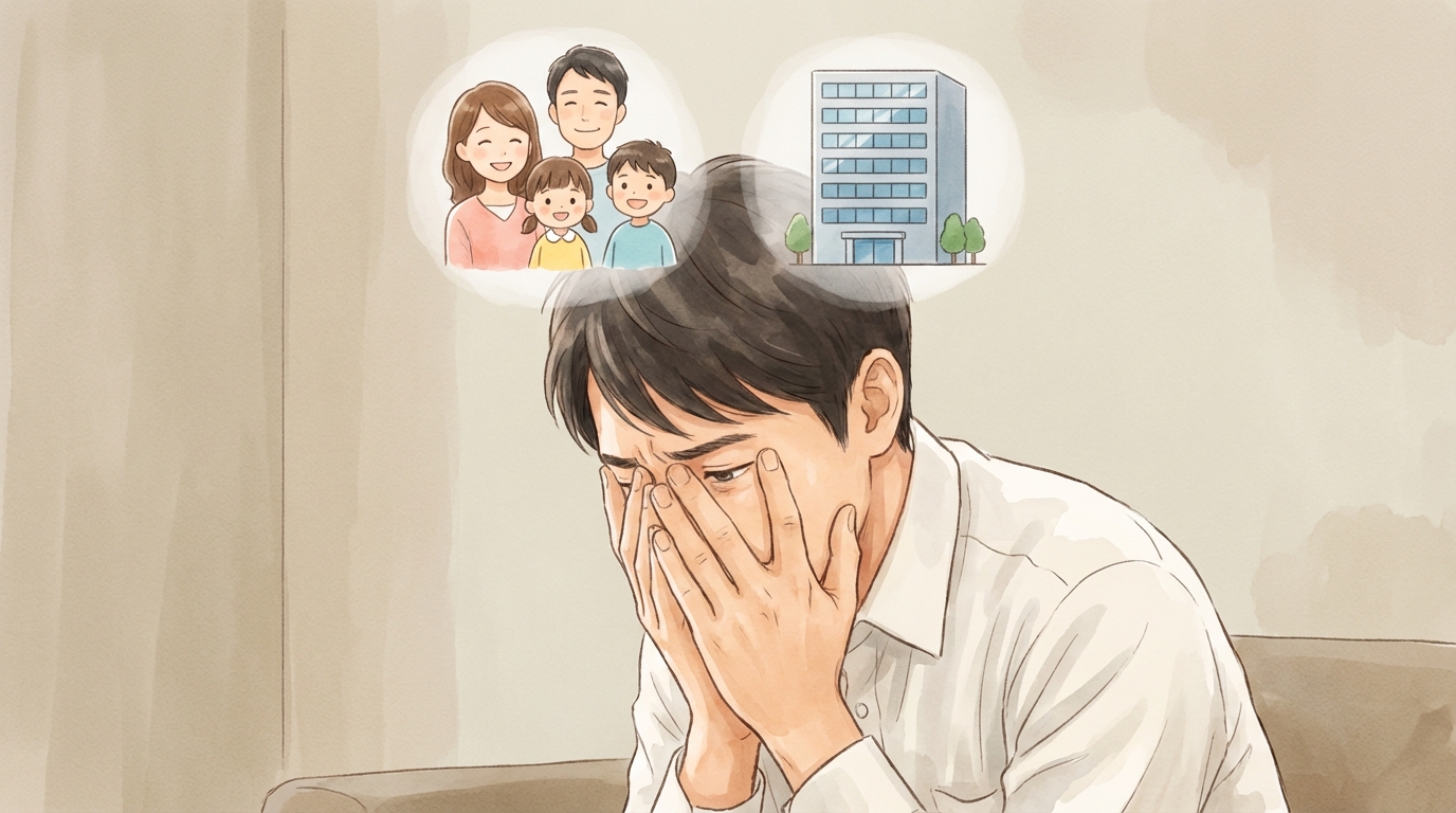 債務整理が家族や会社にバレるのではないかと悩んでいる男性のイラスト