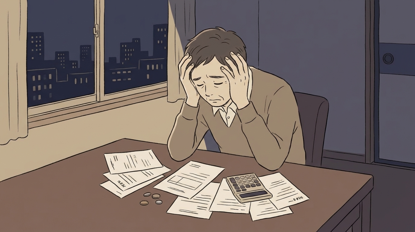 債務整理の費用に悩み、請求書を前に頭を抱えている男性のイラスト。経済的な不安を象徴している。