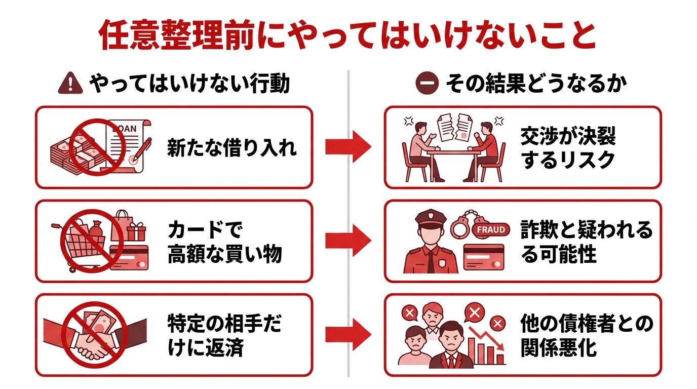 任意整理前にしてはいけない3つの行動（新たな借入、高額なカード利用、偏頗弁済）と、それがもたらすリスク（交渉決裂、詐欺の疑い、関係悪化）をまとめた図解。