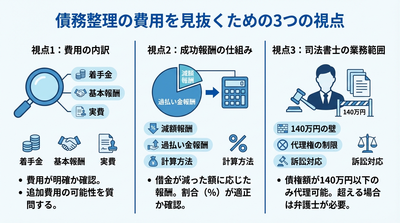 司法書士の債務整理費用を見抜く3つの視点（費用の内訳、成功報酬の仕組み、業務範囲）をまとめた図解。