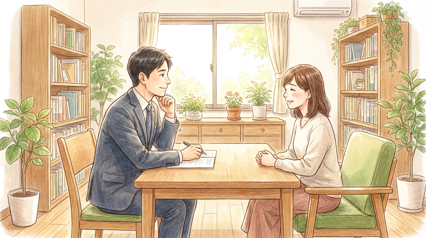 司法書士に後払い決済の任意整理について相談し、安心する女性