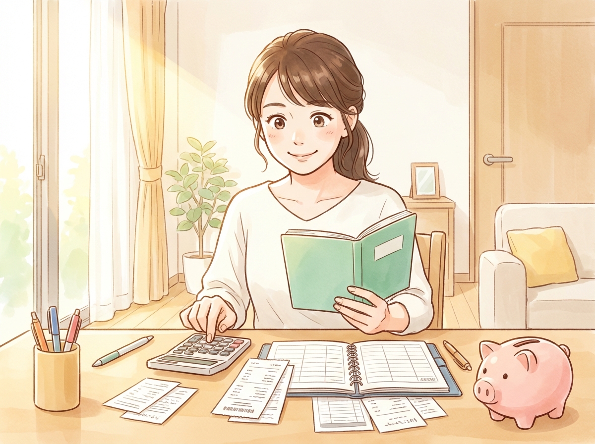 任意整理の準備として、家計簿をつけて毎月の収支を真剣に計算している女性のイラスト。