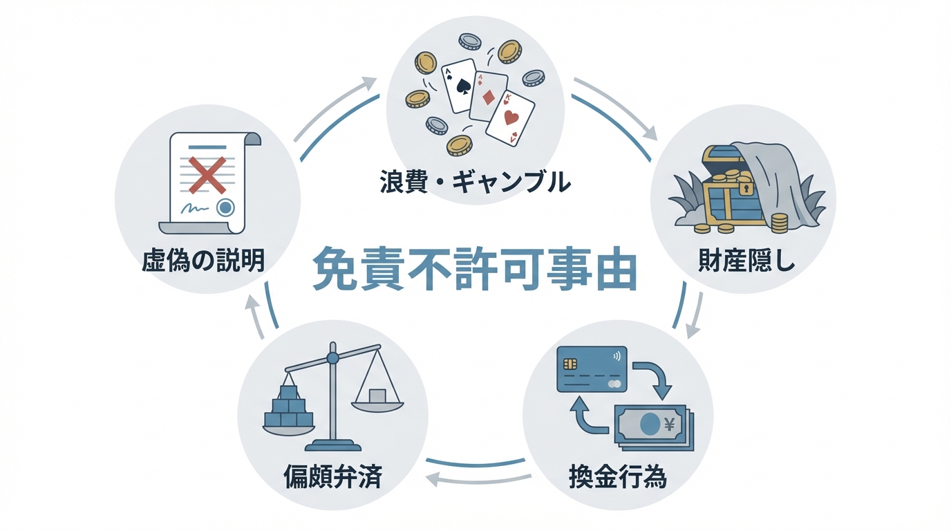 自己破産で借金が免除されない可能性のある「免責不許可事由」の具体例を図解。浪費・ギャンブル、財産隠し、換金行為、偏頗弁済、虚偽の説明の5つのケースがアイコン付きで示されている。
