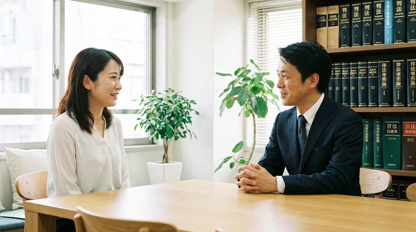 司法書士事務所で、専門家である司法書士に相談し、安心した表情を浮かべる女性相談者。