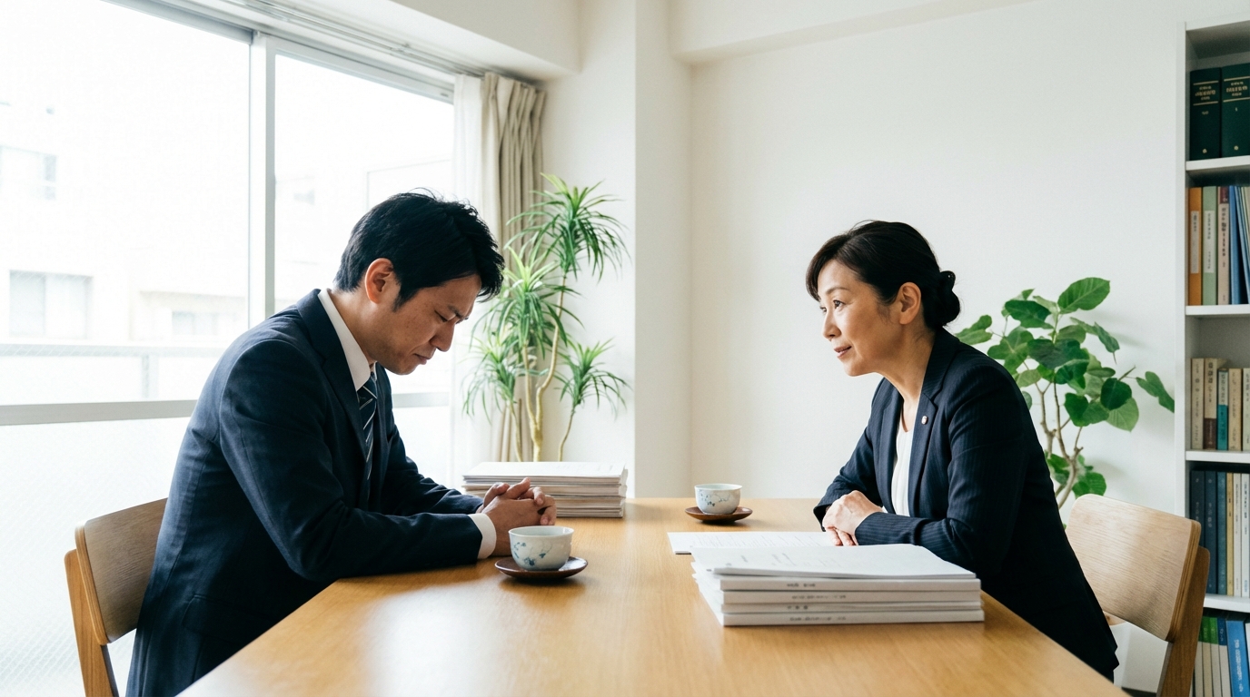 司法書士事務所で専門家に相談する男性。2回目の自己破産という複雑な問題について、真剣に話を聞いてもらっている様子。
