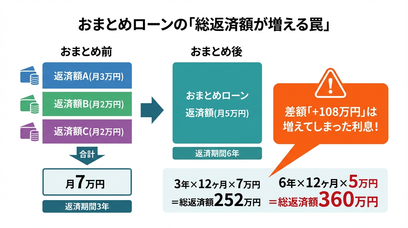 おまとめローンの返済シミュレーション比較図。月々の返済額は減るが返済期間が延び、結果的に総返済額が増加する仕組みを示している。