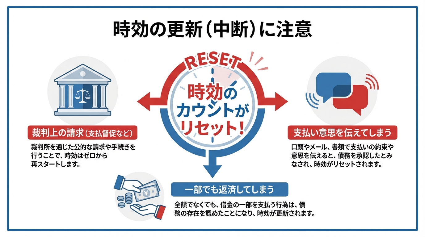 時効の更新（中断）の主な原因を示す図解。裁判上の請求、一部返済、支払い意思の表示をすると時効がリセットされることを説明しています。