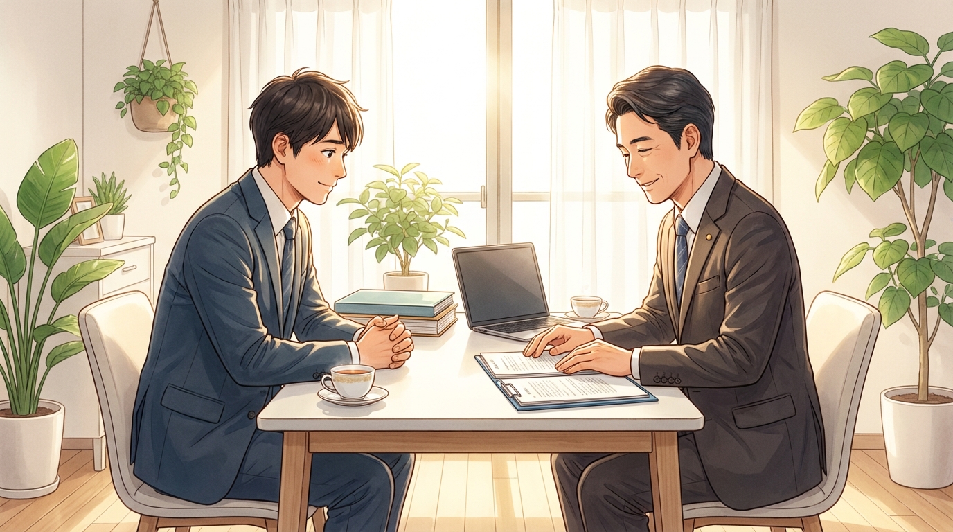 司法書士事務所で相談する男性。司法書士が親身に話を聞いており、男性は少し安心した表情を浮かべています。