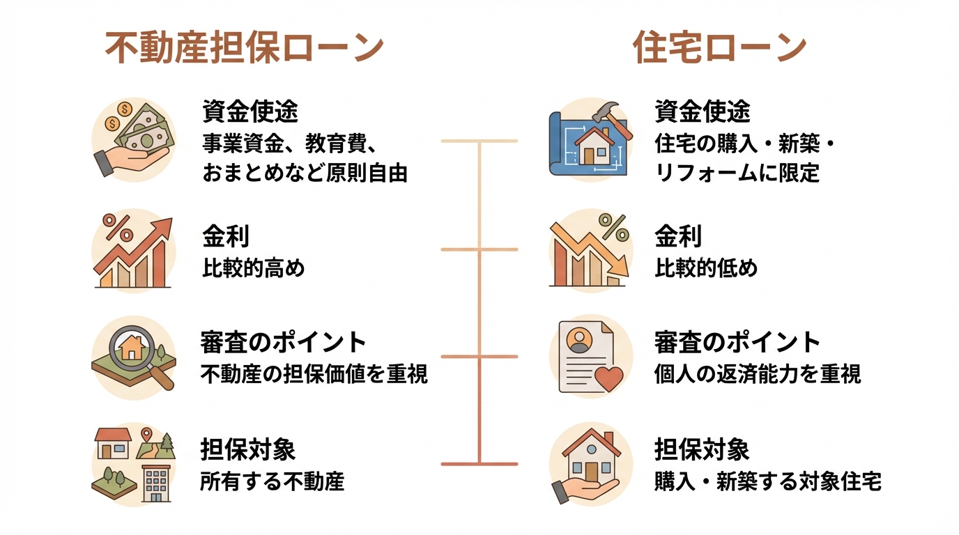 不動産担保ローンと住宅ローンの違いを比較した図解。資金使途、金利、審査のポイント、担保対象の4項目で両者の特徴を分かりやすく解説しています。