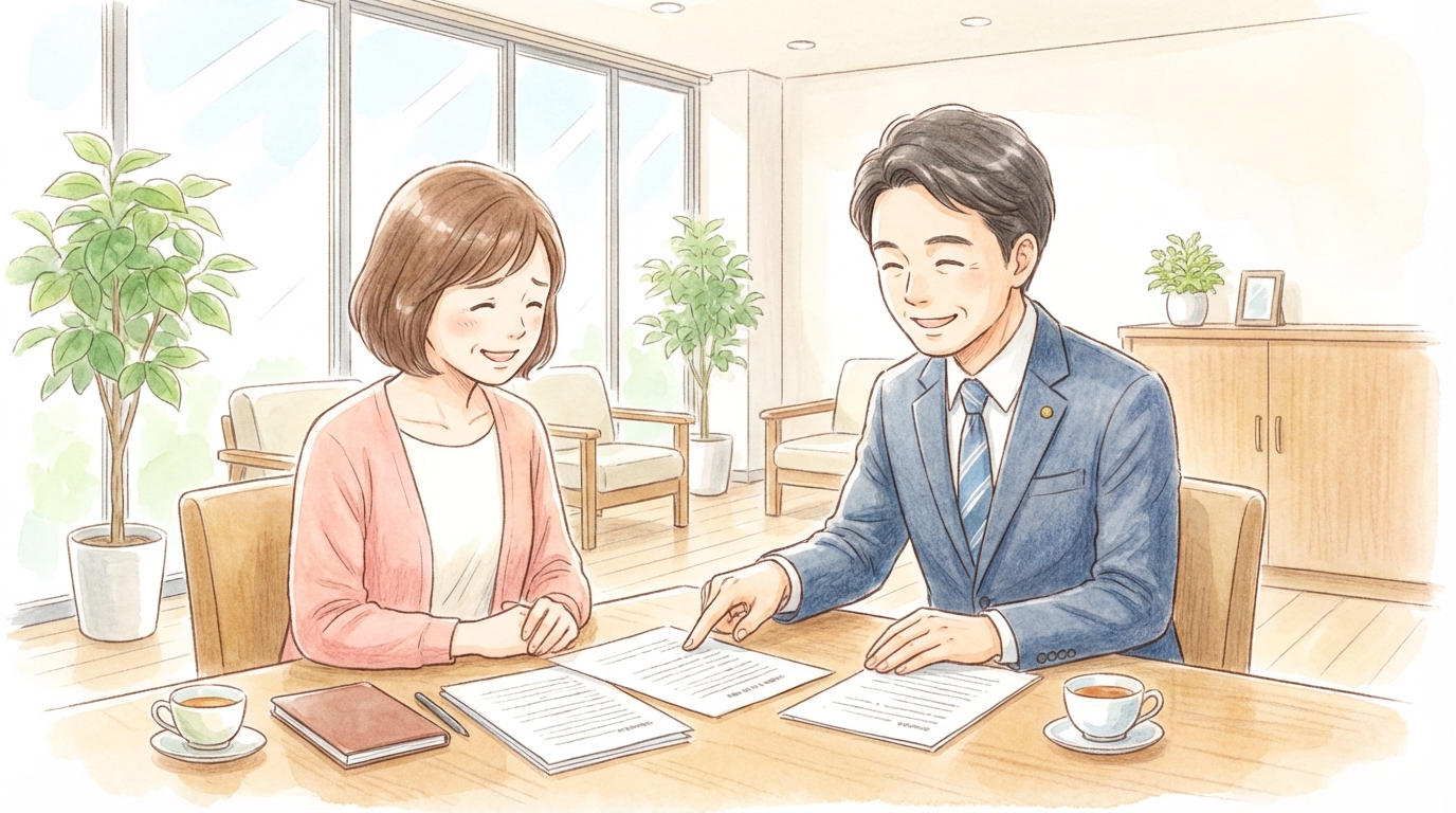 司法書士に借金問題について相談している男性のイラスト。任意整理などの債務整理について説明を受け、解決への道筋が見えてきた様子。