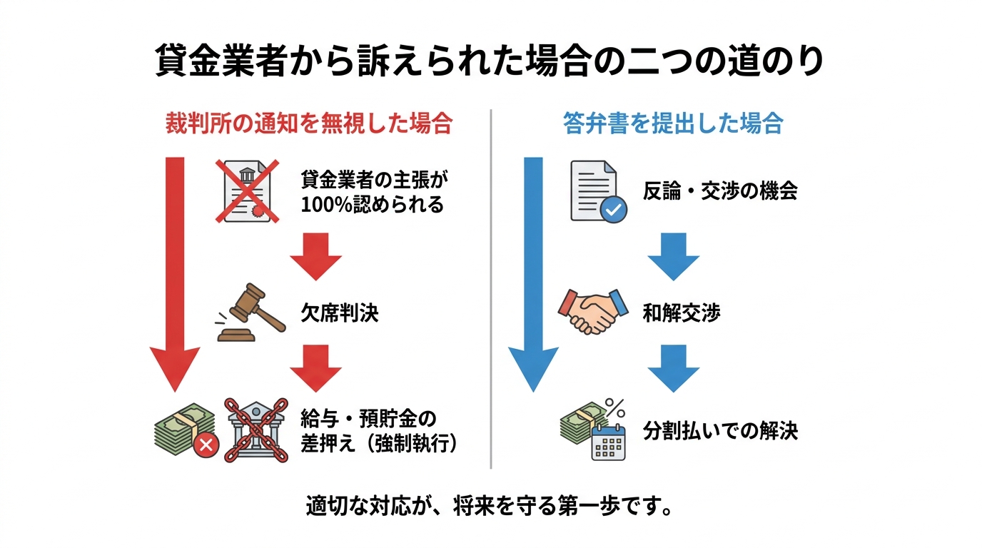 貸金業者から訴えられた場合の対処法を比較した図解。通知を無視すると差押えに至るリスクがあり、答弁書を提出すると和解交渉による分割払いの道が開けることを示している。