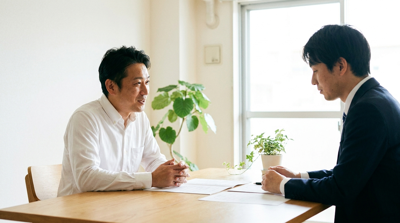 司法書士と相談者が和やかに面談している様子。借金問題について専門家に相談し、安心感を得ている場面。