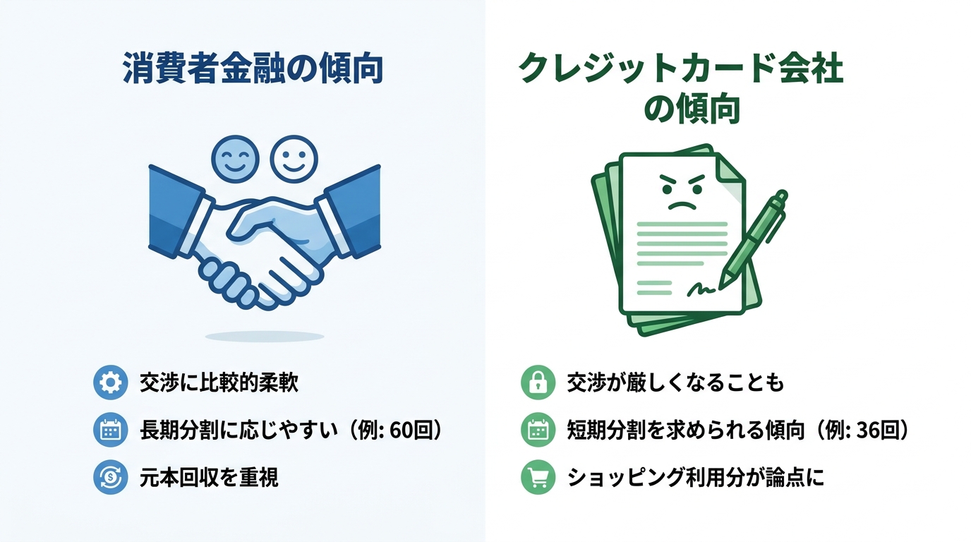 任意整理における消費者金融とクレジットカード会社の対応の違いを比較した図解。消費者金融は交渉に柔軟な傾向があり、カード会社は厳しい交渉になることがあることを示している。