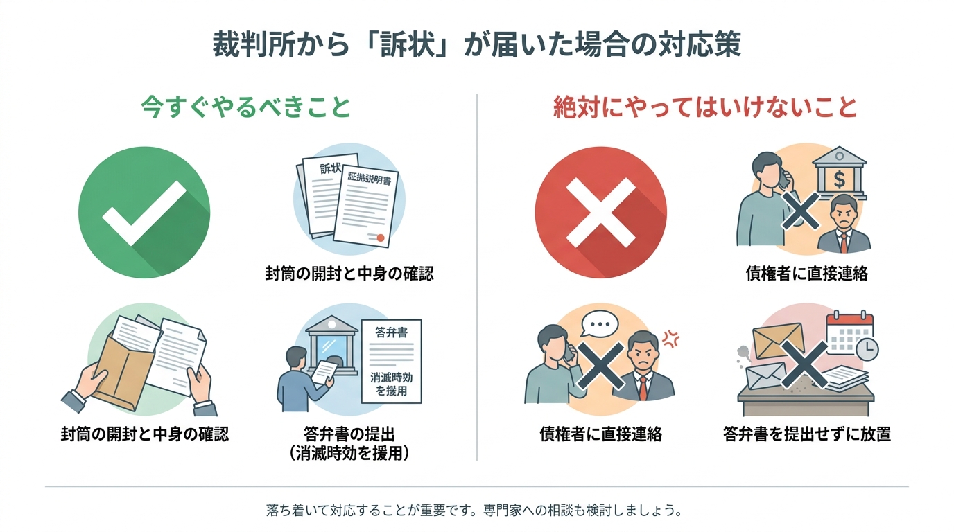 裁判所から訴状が届いた場合の対処法を図解したインフォグラフィック。やるべきこととして「開封・確認」「答弁書提出」、やってはいけないこととして「債権者への連絡」「放置」が示されている。