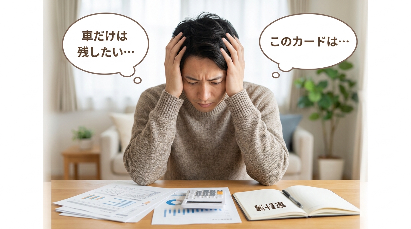 任意整理でどの業者を選ぶべきか悩んでいる男性のイラスト