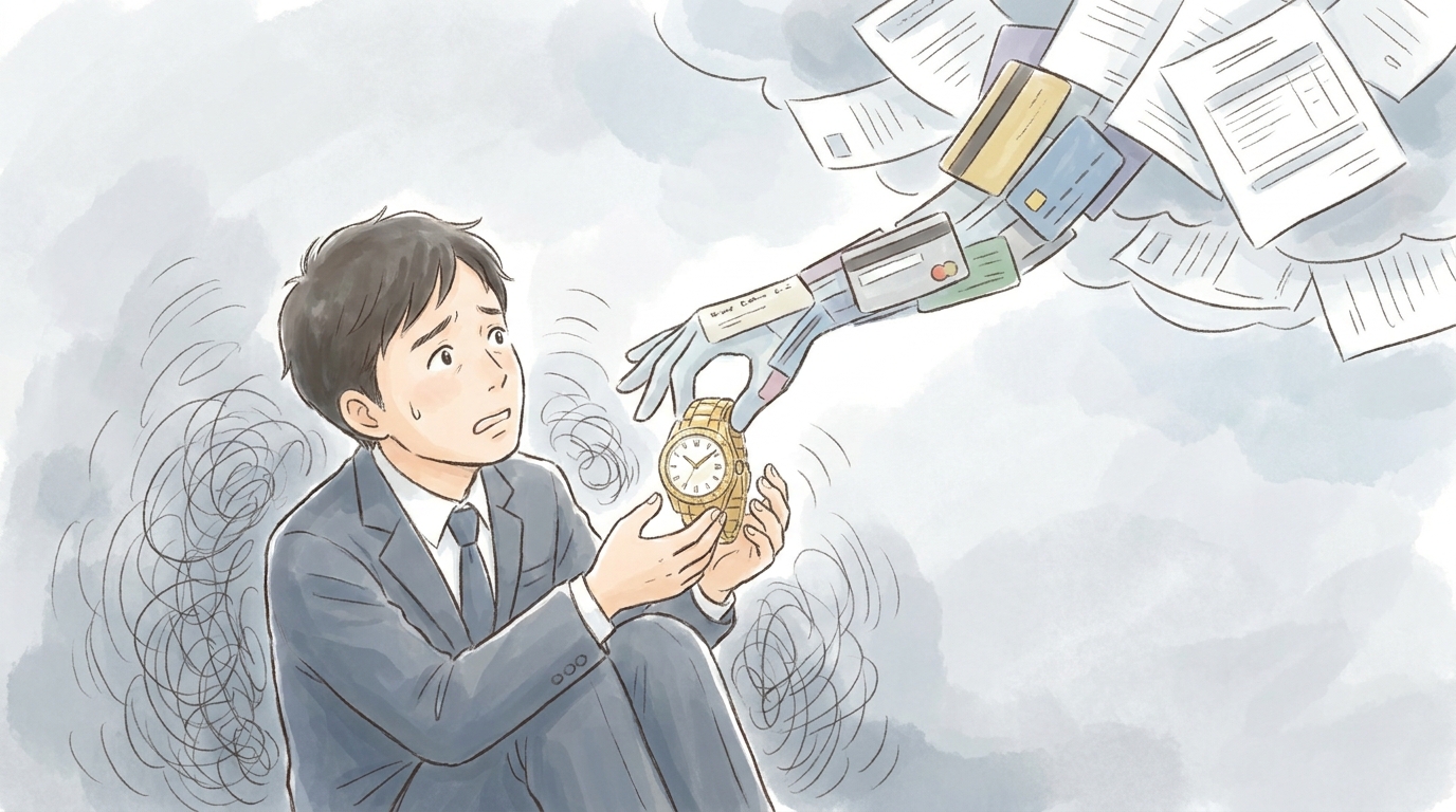 クレジットカードで購入した商品が自己破産で引き上げられる可能性を示唆するイラスト。男性が腕時計をカード会社に回収されている。