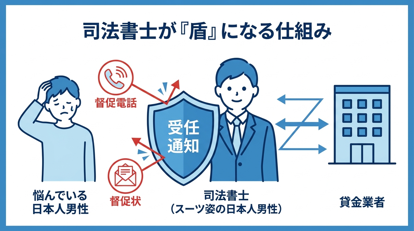 司法書士が受任通知という盾で依頼者を守り、貸金業者からの督促をブロックしている仕組みを表した図解。