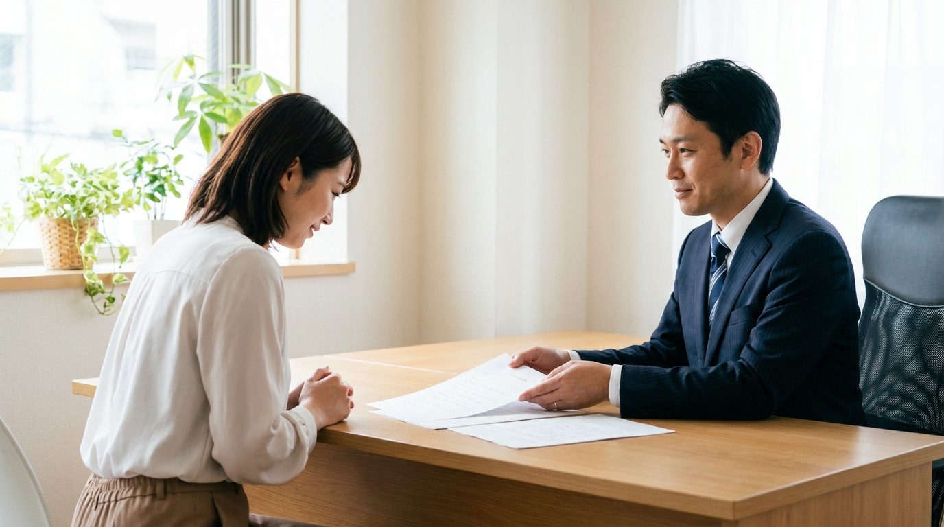 司法書士が女性の相談者に親身に寄り添い、借金問題の解決策について説明している様子。