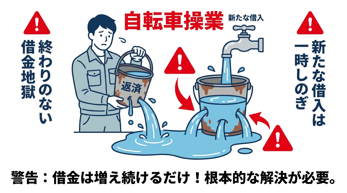 返済のために新たな借入を繰り返す自転車操業の仕組みを図解したイラスト。穴の空いたバケツに水を注いでも満たされない様子で、借金が減らない危険性を示している。