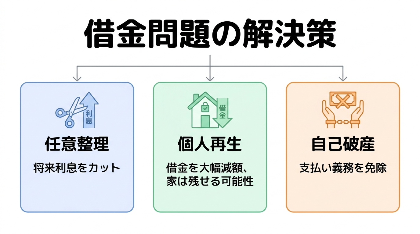 債務整理の主な3つの選択肢（任意整理、個人再生、自己破産）とその特徴を簡潔にまとめたフローチャート図解。