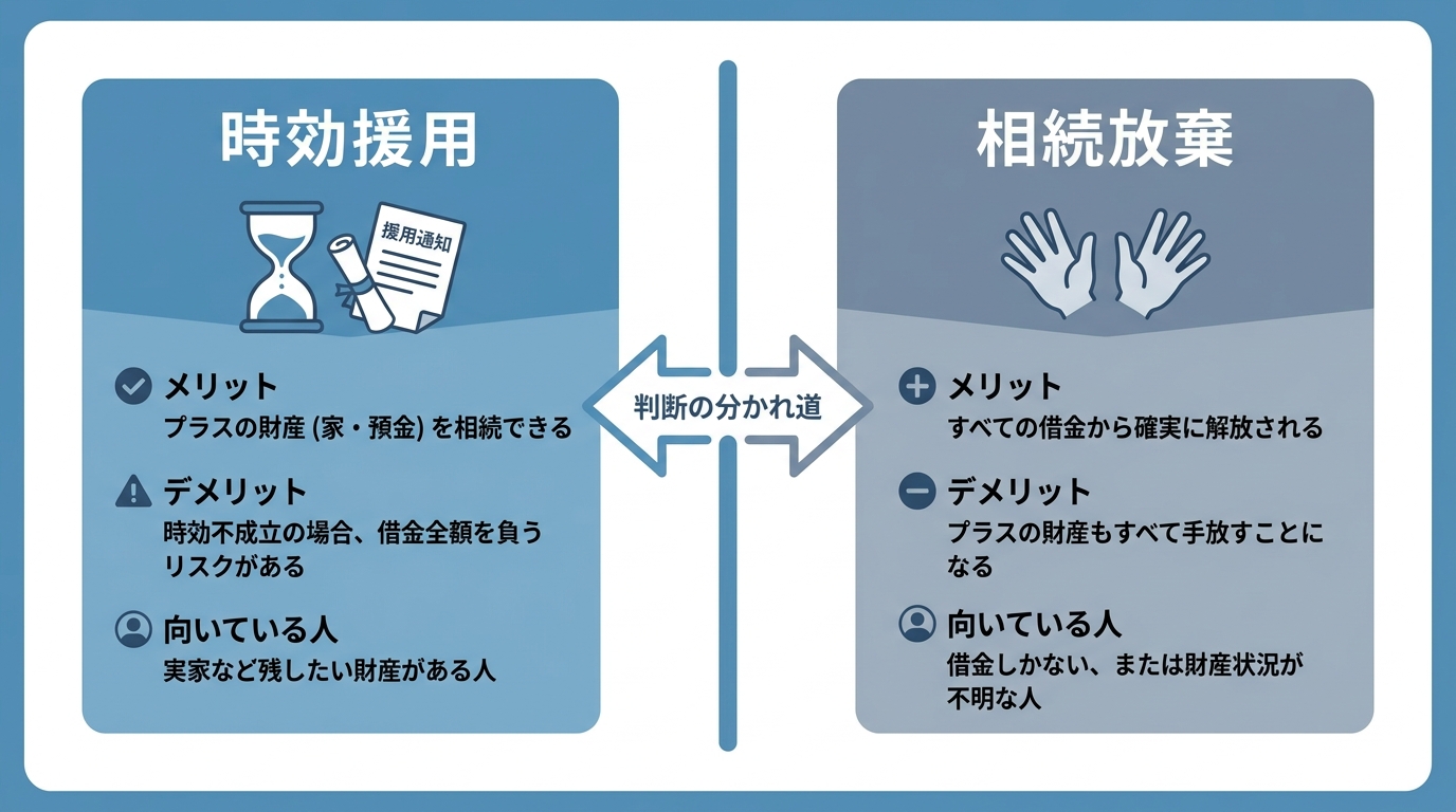 時効援用と相続放棄のメリット・デメリットを比較した図解。プラス財産を相続したい場合は時効援用、借金から確実に解放されたい場合は相続放棄が選択肢となることを示している。
