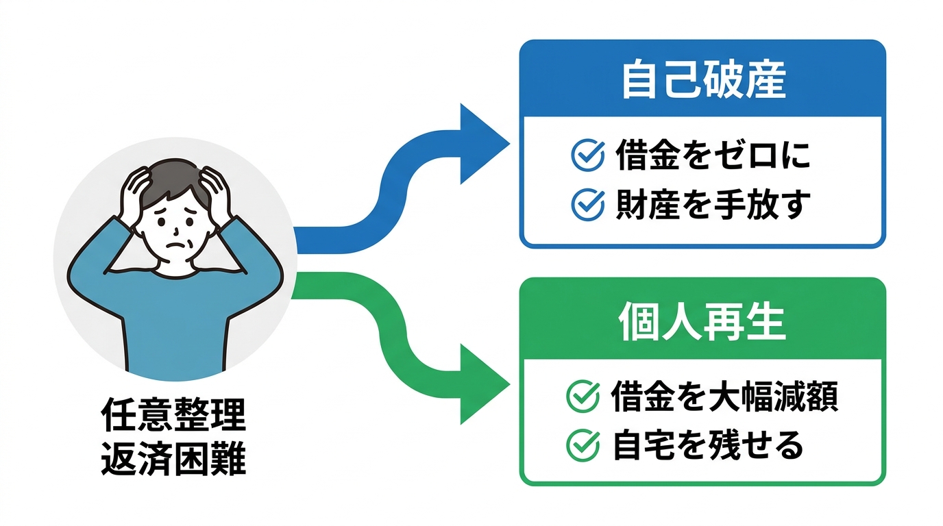 任意整理の返済が困難になった際の2つの選択肢、自己破産と個人再生への切り替えの可能性を示した図解。