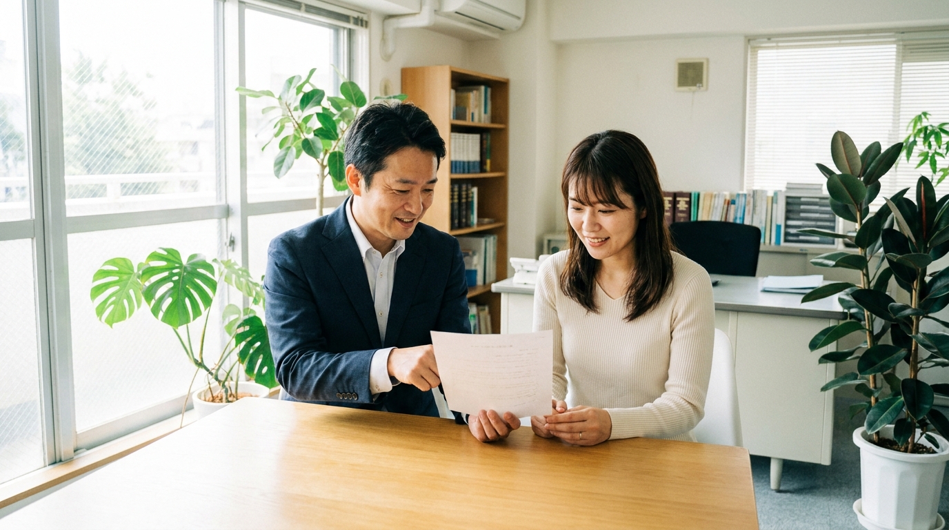 司法書士てらやま事務所で、司法書士が親の借金問題で悩む相談者に解決策を提案している様子。