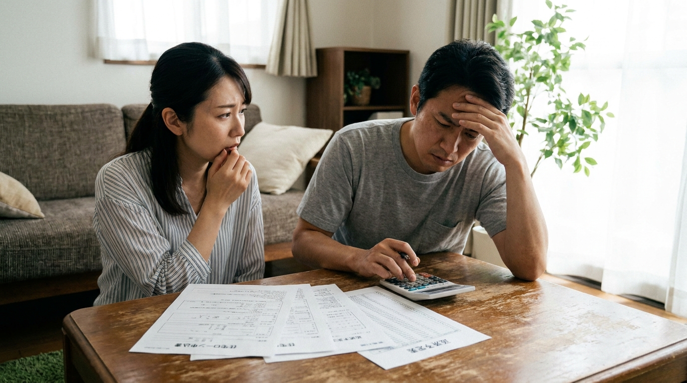 住宅ローンの返済計画について真剣に話し合う夫婦。個人再生の住宅ローン特則を検討している様子。