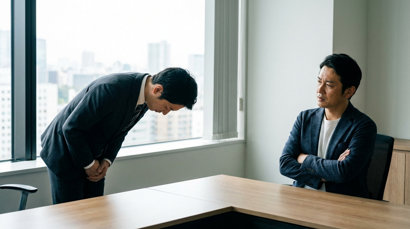 上司に給料差押えの件を正直に話している会社員。誠実な態度で説明し、上司も真剣に耳を傾けている様子。
